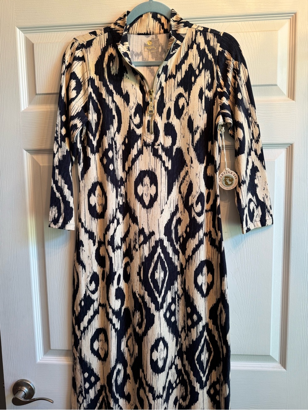 Spartina Navy & Cream Ikat Print Zip-Front Midi Dress